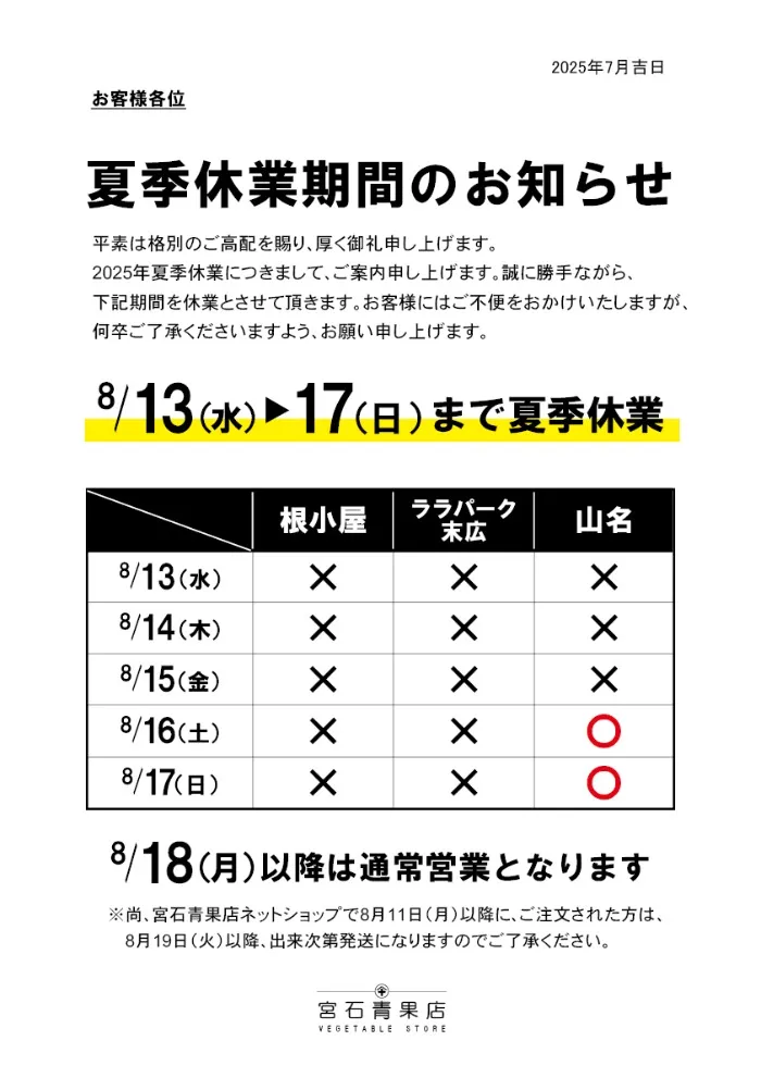 【宮石青果店 2025年夏季休業のお知らせ】平素は格別のご高配を賜り、厚く御礼申し上げます。2025年の夏季休業につきまして案内申し上げます。誠に勝手ながら、8月13日(水)から8月17日(日)まで根小屋本店、山名店は8月13日(水)から8月15日(木)を休業とさせていただきます。お客様にはご不便をお掛けし申し訳ありませんが、何卒ご了承くださいますようお願い申し上げます。(8/18(月)以降は通常営業となります。)尚。ネットショップで8/11(月)以降にご注文いただいた方は、8/19(火)以降、準備が出来次第発送となります。こちらにつきましても申し訳ありませんが、ご了承の程お願い申し上げます。